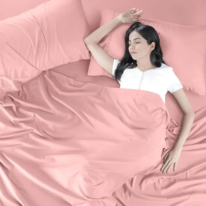 थोक 100% जैविक बांस बिस्तर गुलाबी कवर पर्यावरण-अनुकूल 300 टीसी क्वीन बेडशीट सेट