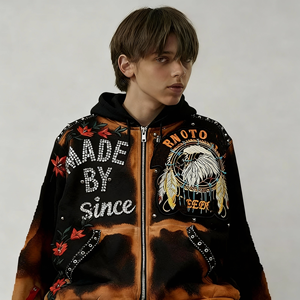 Vestes isolées à capuche pour hommes, style streetwear, personnalisées avec <span class=keywords><strong>strass</strong></span> brodés, effet vieilli, délavées, en tapisserie épaisse, avec fermeture éclair <span class=keywords><strong>et</strong></span> déchirées - Product Image 2