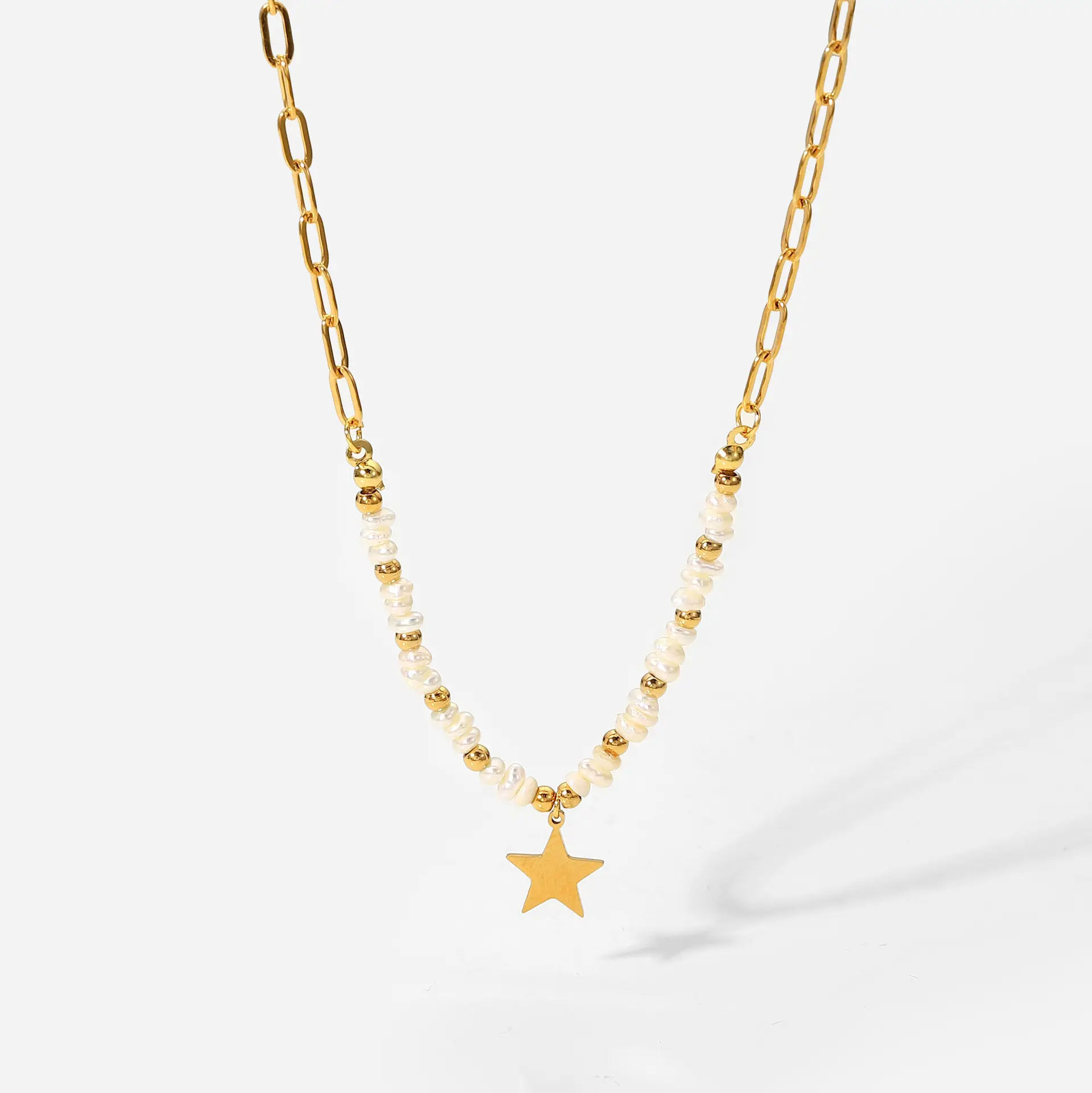 Colar de pérolas para mulheres, corrente com pingente com estrela em aço inoxidável, colar de pérolas banhado a ouro 18k, haste de pérolas