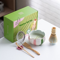 Bol à matcha de style nordique, peint à la main, bleu et blanc, à motifs floraux et papillons, avec fouet à matcha en céramique, ensemble de 7 pièces