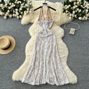 Elegante abito <span class=keywords><strong>Midi</strong></span> impero da donna con spacco alto e profondo a V in pizzo senza maniche senza maniche Design floreale per feste estive - Product Image 4