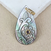 Breloque en nacre noire naturelle en forme de goutte d'eau avec motif floral sculpté et zircon, idéale pour collier DIY – Meilleure vente