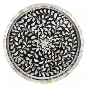 Plateau en bois avec incrustation de nacre bohème pour le Ramadan Eid Mubarak |   Plateau de service flexible artisanal pour aliments, boissons et dattes - Product Image 6