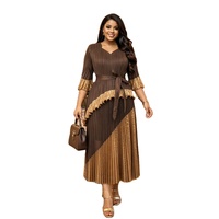 Robe longue plissée noire et crème à blocs de couleur, col en V, taille nouée, volants, grande taille, pour femme musulmane, tenue de soirée