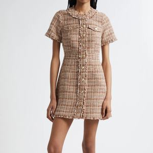 Vestido Elegante de Verano de Alta Calidad con Cuello Vuelto, Minivestido Tipo Túnica para Oficina, Vestido Tweed a Cuadros de Otoño para Mujer, Corte Imperio - Product Image 1