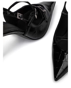 High Fashion <b>Black</b> Patent Leather Slingback <b>Pumps</b> Pointed-Toe Sparkling High-Heels with Breathable Rhinestone Buckles for Autumn - Product Image 6