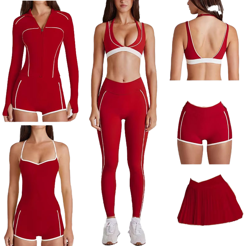 2026 New Plus Size 7-Piece Women's Solid V-neck Fitness Sportswear Set Leggings Shorts Bra Workout Yoga Wear Front High-Waisted