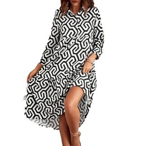 Vente en gros de robes pour femmes de haute qualité, personnalisables, à la mode, avec imprimé irrégulier, décontractées, à col, à manches longues, mi-longues - Product Image 1