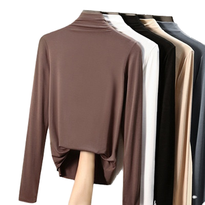 Camisetas de Cuello Alto Ajustadas para Mujer, Camisetas Casuales de Algodón Transpirables, Ropa Sexy para Club, para Primavera y Otoño, Tejido Liso Teñido - Product Image 1