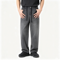 Jean à cordon de serrage pour homme, coupe ample et décontractée, en denim gris délavé, avec imprimé lettres et détails de couture, style streetwear urbain