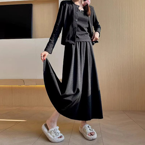 Top da donna stile coreano in tinta unita in due pezzi stile autunno Casual maglia traspirante e <span class=keywords><strong>gonna</strong></span> lunga - Product Image 4