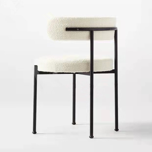 Silla de comedor de lana blanca nórdica moderna, tela Boucle, pierna de Metal negro, café, lana de cordero - Product Image 2