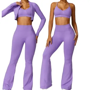 Vêtements de sport pour femmes 3 pièces avec logo personnalisé Leggings sans coutures à taille haute et à manches longues costume vêtements de sport ensembles de gym fitness yoga