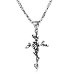yunnique Stainless Steel <b>Cross</b> Rose Pendant Necklace Unisex Fashion Jewelry For <b>Men</b> And Women - Product Image 1
