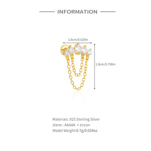 Pendientes de Plata de Ley 925 con Borla y Cadena, Zirconia, Parte Trasera Plana, para Piercing de Cartílago/Hélice, Diseño Moderno - Product Image 2