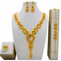 Ensemble de bijoux de mariage de luxe pour femmes et filles de Dubaï, collier, boucles d'oreilles, bague et bracelet avec motif de feuilles et de fleurs, ensemble de 4 pièces