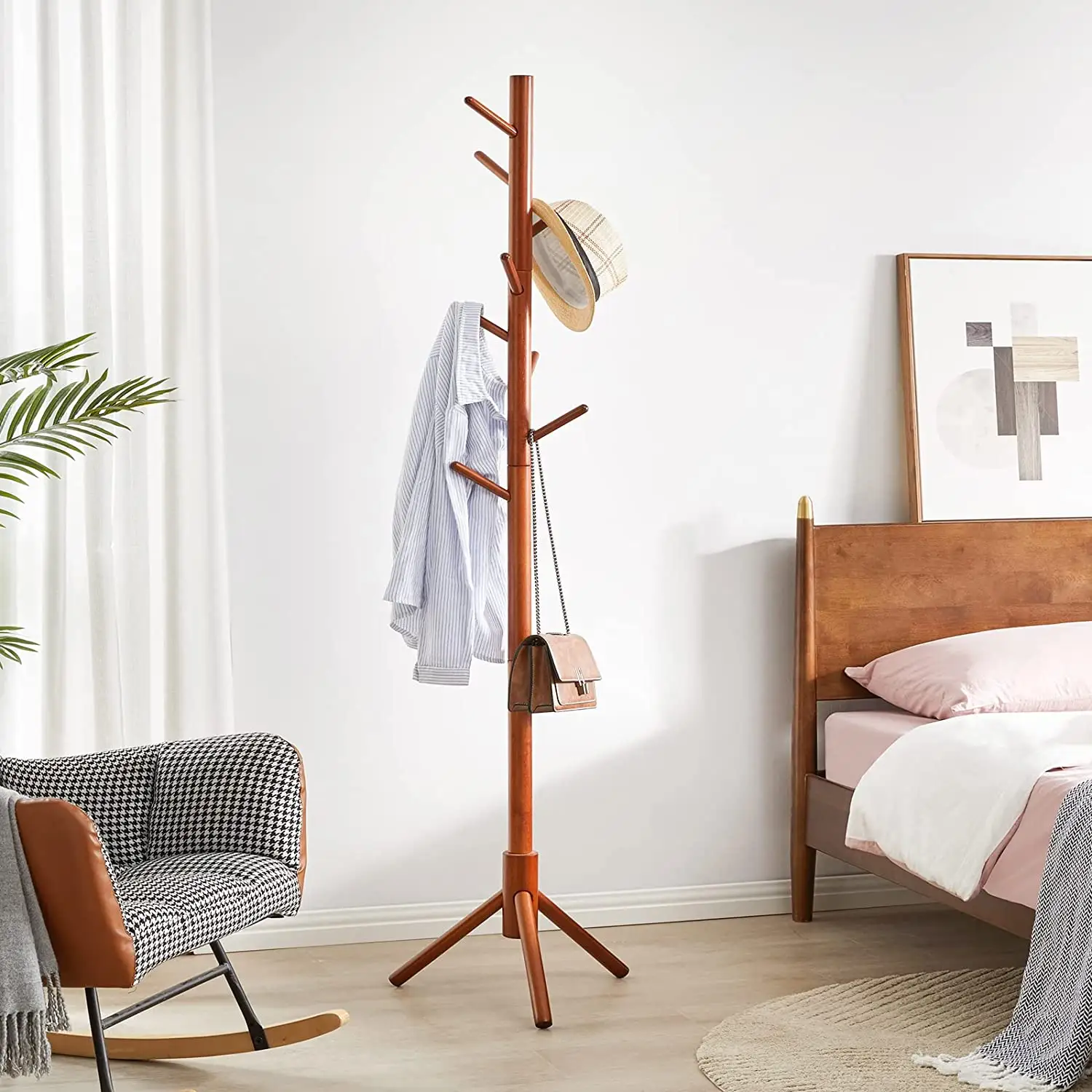 Rak mantel kayu berdiri bebas Modern, berdiri dengan 8 kait, ukuran yang dapat disesuaikan untuk ruang tamu kamar tidur Hotel