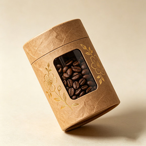 บรรจุภัณฑ์กาแฟทรงกระบอกกระดาษคราฟท์พร้อมหน้าต่าง ดีไซน์ลายดอกไม้ฟอยล์สีทอง รีไซเคิลได้ สำหรับบรรจุเมล็ดกาแฟ ชา ผงมัทฉะ - Product Image 4