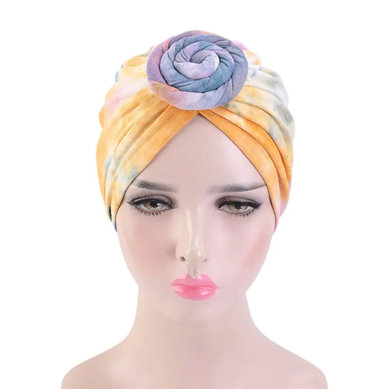 Muslim Twisted simpul ikat dicelup Turban topi wanita elastis topi Chemo Bonnet rambut rontok meliputi Beanie Bandana topi aksesoris rambut