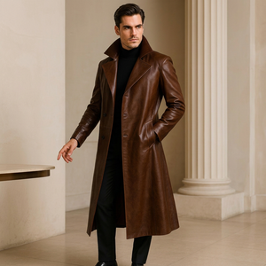 Men Genuine <b>Leather</b> Long <b>Trench</b> <b>Coat</b> Notched Lapel Single Breasted Overcoat With Pockets Regular Fit - Product Image 1