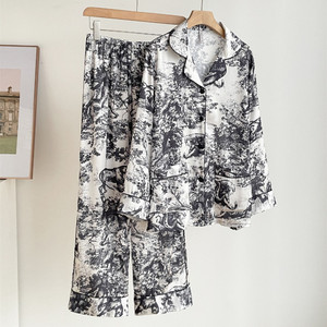 Nuovo Design 2024: Pigiama in <span class=keywords><strong>Seta</strong></span> per <span class=keywords><strong>Donna</strong></span>, Elegante Stampa Jungle, Taglie Forti, Maniche Lunghe e Pantaloni, Set per Casa - Product Image 3