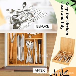 Caja de Cubiertos de Bambú Rectangular con Tapa, Cajón Compartimentado, Organizador de Utensilios de Cocina de Madera Maciza, Tipo Vertical - Product Image 4