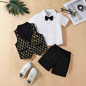 Ensemble gilet à sequins pour garçons, style britannique, chemise à manches courtes, short, ensemble trois pièces pour spectacle floral - Product Image 1