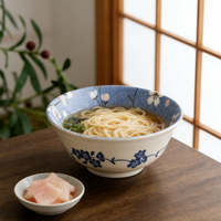 Service de vaisselle en grès peint à la main style japonais fleurs de cerisier pour mariage et restaurant, écologique, 6 pièces (assiettes et bols)