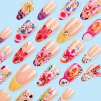 24 faux ongles en amande 3D à fleurs tropicales, semi-artisanaux, en acrylique, avec décorations de perles, couverture complète, marque personnalisée