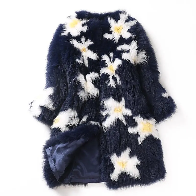 YR1089 Màu Sắc Tương Phản Thiết Kế Hoa Phong Cách Mới Chính Hãng Fox Fur Hand Knit Thời Trang Fur Coat