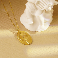 Kalung Liontin Oval Bunga Dandelion Baja Anti Karat Wanita Amerika Eropa dengan Rantai Bambu Resin Lapis Elektroplating