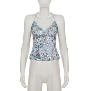 Beach Vacation Ice Blue Floral <b>Sequin</b> Cross Tie Backless Halter V Neck Slim Fit Sexy Hot Girl Tank <b>Top</b> for Women - Product Image 6