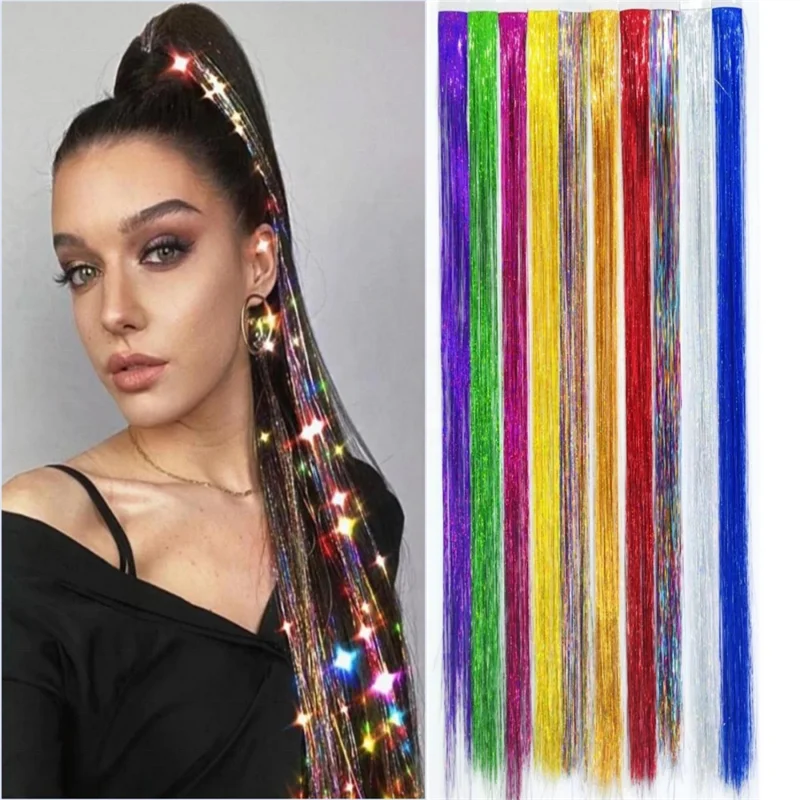 New Arrive 24 inches Shinny Party Highlights Glitter Synthetic Tinsel Hair Extensions Tape in Hair Tinsel Tape Hair