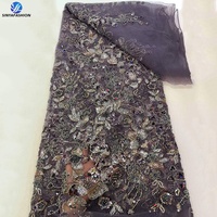 Sinya 5 Yardas de Encaje Francés de Lujo con Cuentas de Cristal y Lentejuelas 3D, Malla de Tul Africana de Alta Calidad con Cuentas para Vestidos de Novia