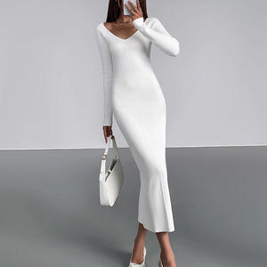 Autunno e inverno gonna a maniche lunghe con <span class=keywords><strong>scollo</strong></span> a V <span class=keywords><strong>bianca</strong></span> abito in lana lavorato a coste maglione lavorato a <span class=keywords><strong>maglia</strong></span> Sexy Slim Fit - Product Image 3