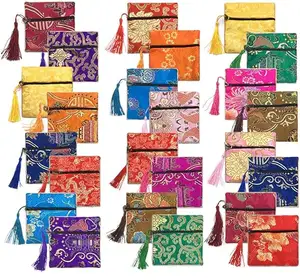 도매 동전 지갑 선물 가방 디자인 수 놓은 사각 중국 스타일 가방 실크 브로케이드 술 더블 지퍼 보석 파우치
