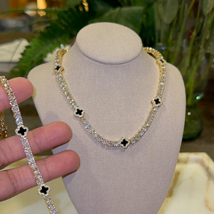 Ensemble Bijoux <span class=keywords><strong>Femme</strong></span> Plaqué Or Strass Bling <span class=keywords><strong>Collier</strong></span> Bracelet Tennis Chaîne Diamant CZ Trèfle Hip Hop Iced Out <span class=keywords><strong>Collier</strong></span> Trèfle Noir - Product Image 2
