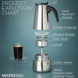 Mixpresso <span class=keywords><strong>Cafetière</strong></span> à expresso moderne en acier inoxydable pour cuisinière, design Moka Pot, avec couvercle, pour camping et maison, ensemble expresso italien - Product Image 2