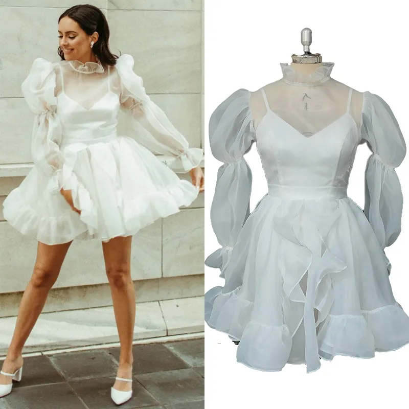 8292# New Real Photo Puff Sleeves Ruffle Organza Neck Chiffon Beach Illusion Lace Above Knee Length Wedding Dress Mini Ball Gown