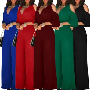 90903-MX43 थोक नई डिजाइन प्लस आकार महिलाओं के वस्त्र वी गर्दन कट बाहर आस्तीन डिजाइन rompers एक टुकड़ा Jumpsuit