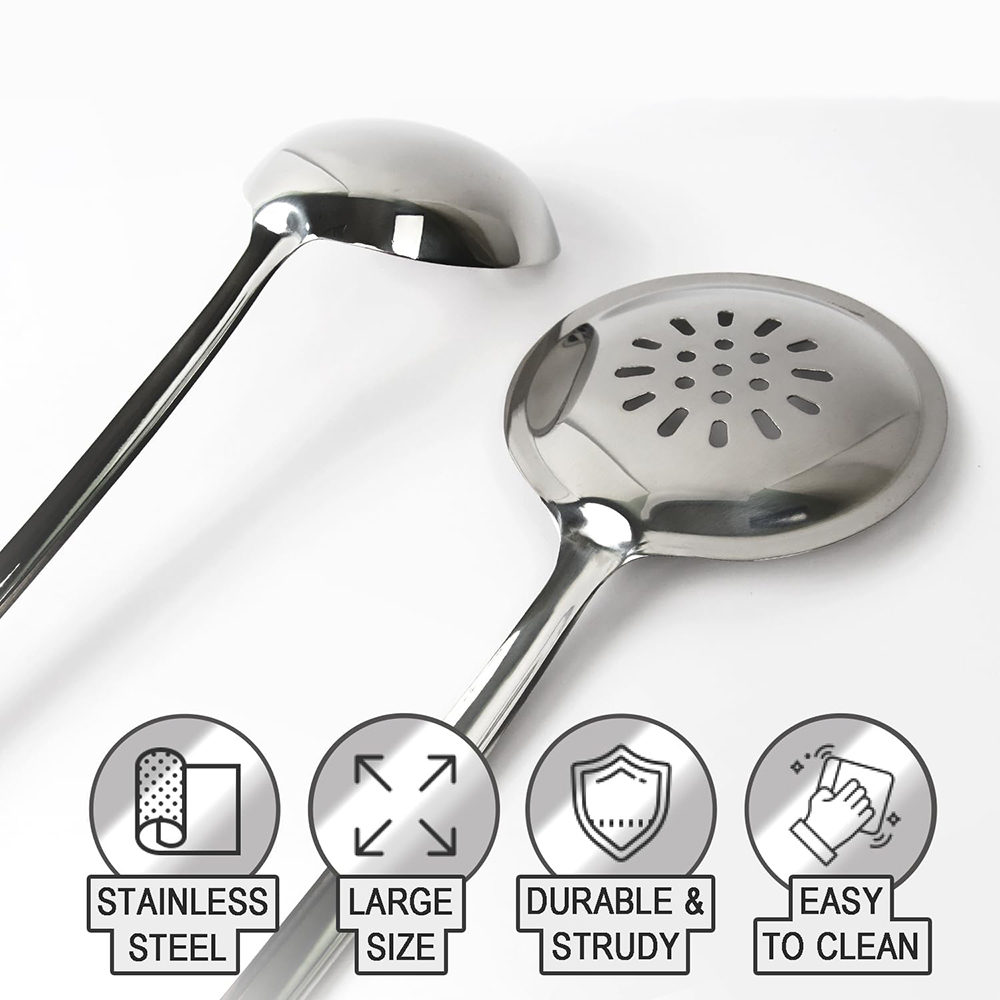 Kitchen Cooking Tools Russia Style Flower Handle 201 Stainless Steel Soup Ladle and Slotted Spoon with Wooden Handle Utensil Set · image 6