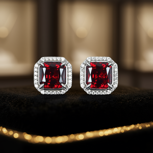 Orecchini a lobo E2623 con gemma rossa, taglio smeraldo, montatura a griffe, gioielli geometrici di lusso da donna - Product Image 2