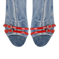 Bottes en jean pour femmes à bout ouvert, hauteur genou, avec boucle rouge décorative, fermeture éclair latérale, talon aiguille, pour soirée et mode