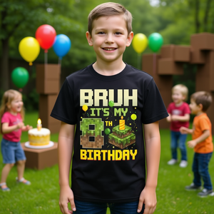 Camiseta de manga corta con estampado digital de juego de píxeles para el 8º cumpleaños, para niños, cuello redondo - Product Image 3