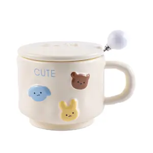 Zogift Cute Kids Girls Cream Color Cartoon Animal Coffee Mug With Hand Cup Spoon Lid Cover 400Ml Milk Ceramic Mugs