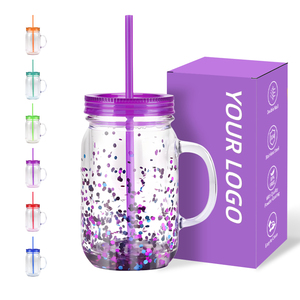 Bicchiere Mason Jar in Acrilico da 20oz Personalizzabile con Logo, con Manico, Foro Preforato e Tappo, Tumbler a Doppia Parete - Product Image 1