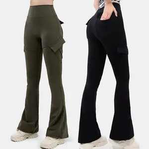 SHINBENE Pantalones acampanados de bolsillo para mujer Cintura alta Pierna ancha Cargo Leggings Bootcut Pantalones Slim Fit