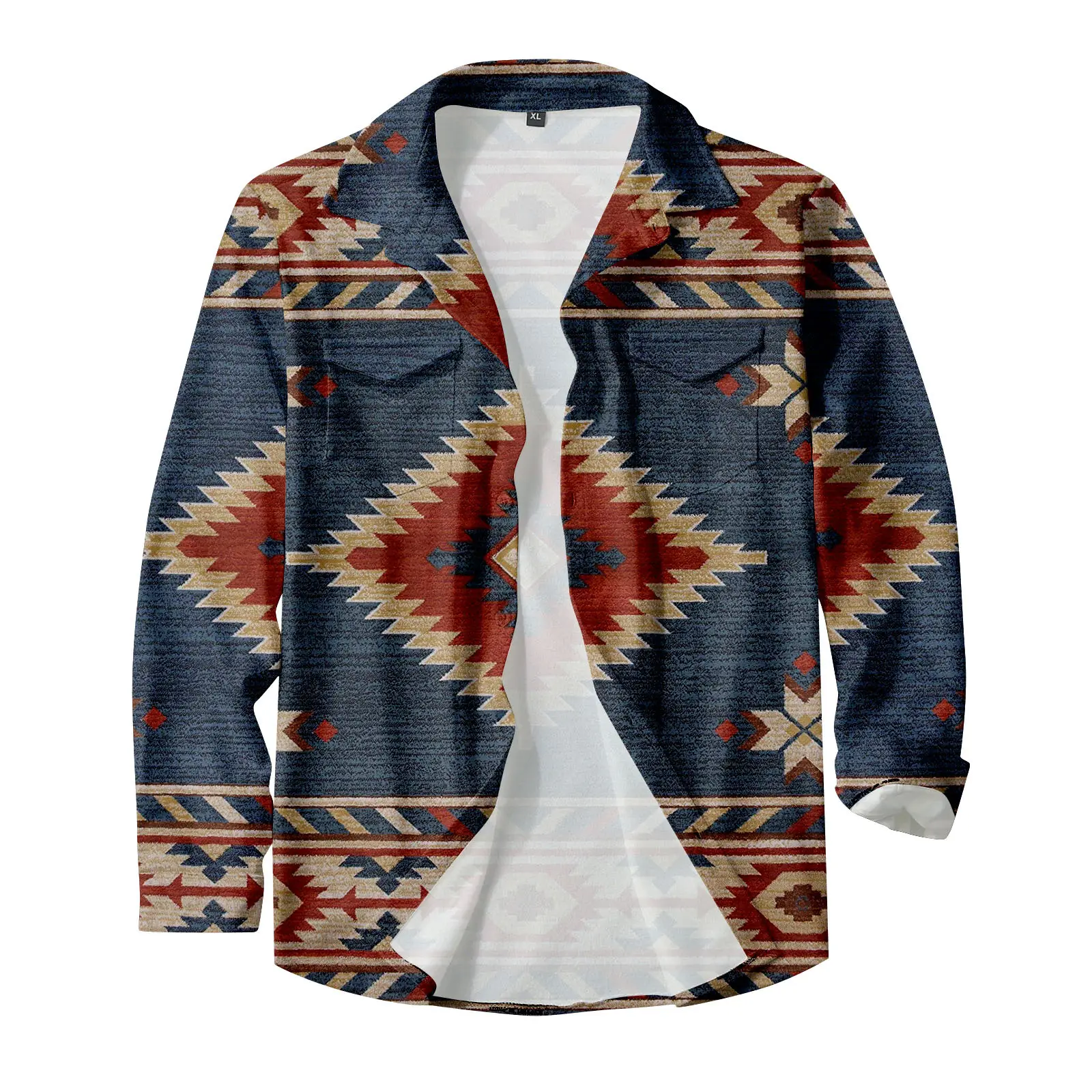 2024 Vintage aztekischer Stil Herbst Winter individuell bedruckt Übergröße lange Ärmel Herrenhemd verdickte Hemden für Herren