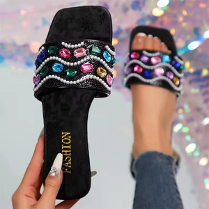 Women's 2026 Summer New <b>Style</b> Cross-Border Plus Size Colorful Diamond Flat Sandals Slippers Sweet Square <b>Head</b> Slippers Strap - Product Image 2