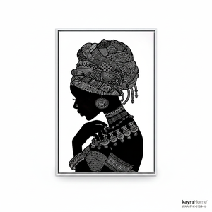 African Woman Silhouette Wall Art - Printed <b>Black</b> and White Tribal Canvas,WHITE <b>FRAMED</b> CANVAS - Product Image 2